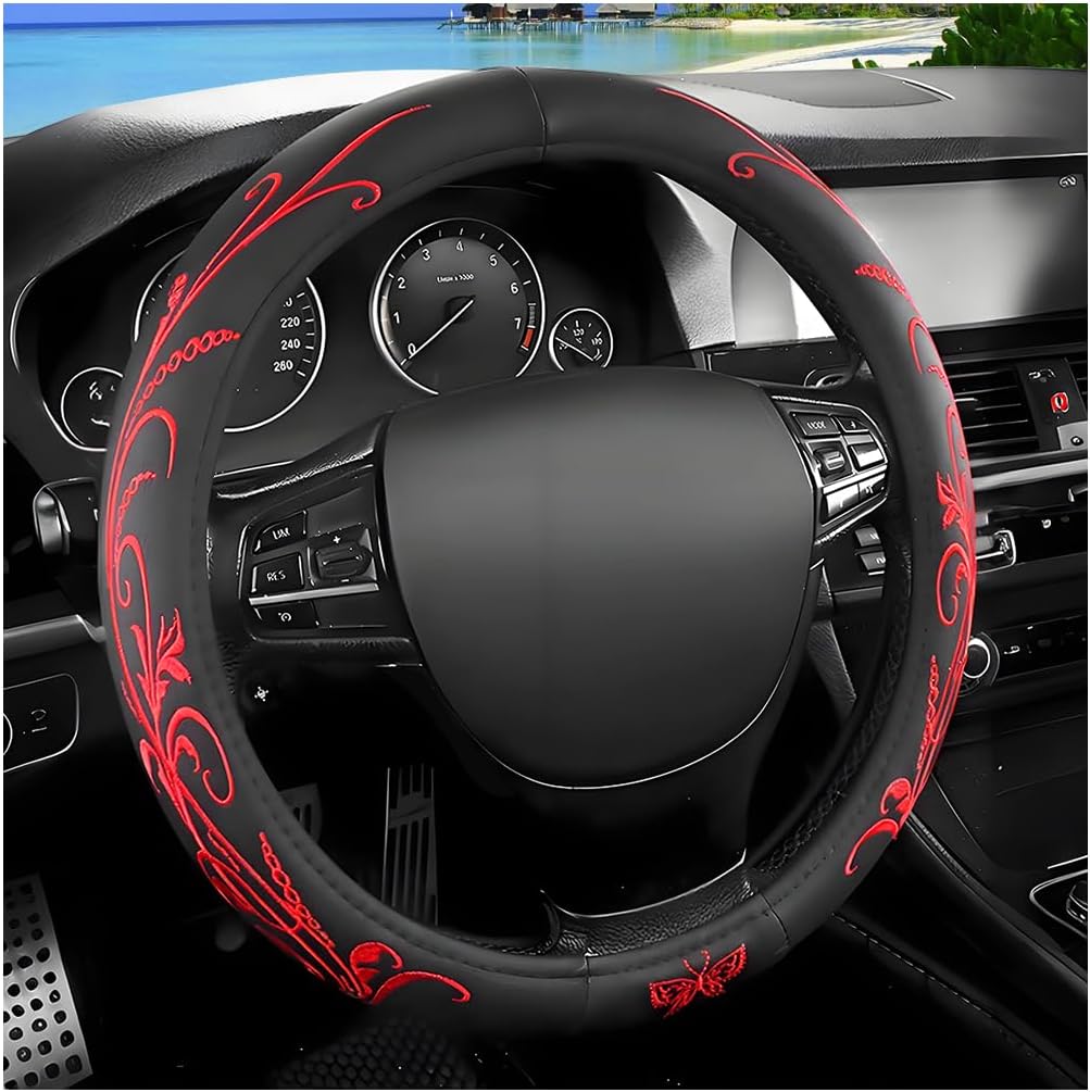 Car Steering Wheel Cover, Embroidery Butterfly Leather Vehicle Steering Protector with Anti-Slip Lining, Full Surround Automotive Interior Wheel Guard Accessories, Universal Fit (Black White)