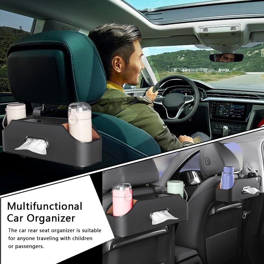 Abnaok Back Seat Car Organizer, 4 in 1 Multifunctional Car Back Seat Storage Box with Drink Cup Holder Tissue Box, for Hold Phone,Snacks, Drinks, Handbag