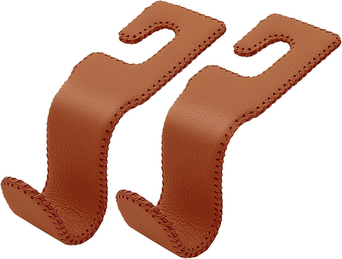 AMVOYOA U-Shaped Car Leather Hooks – Car Purse Holder, Headrest Hooks for Car, Back Seat Organizer - Elevate Your Travel Experience!(Beige)