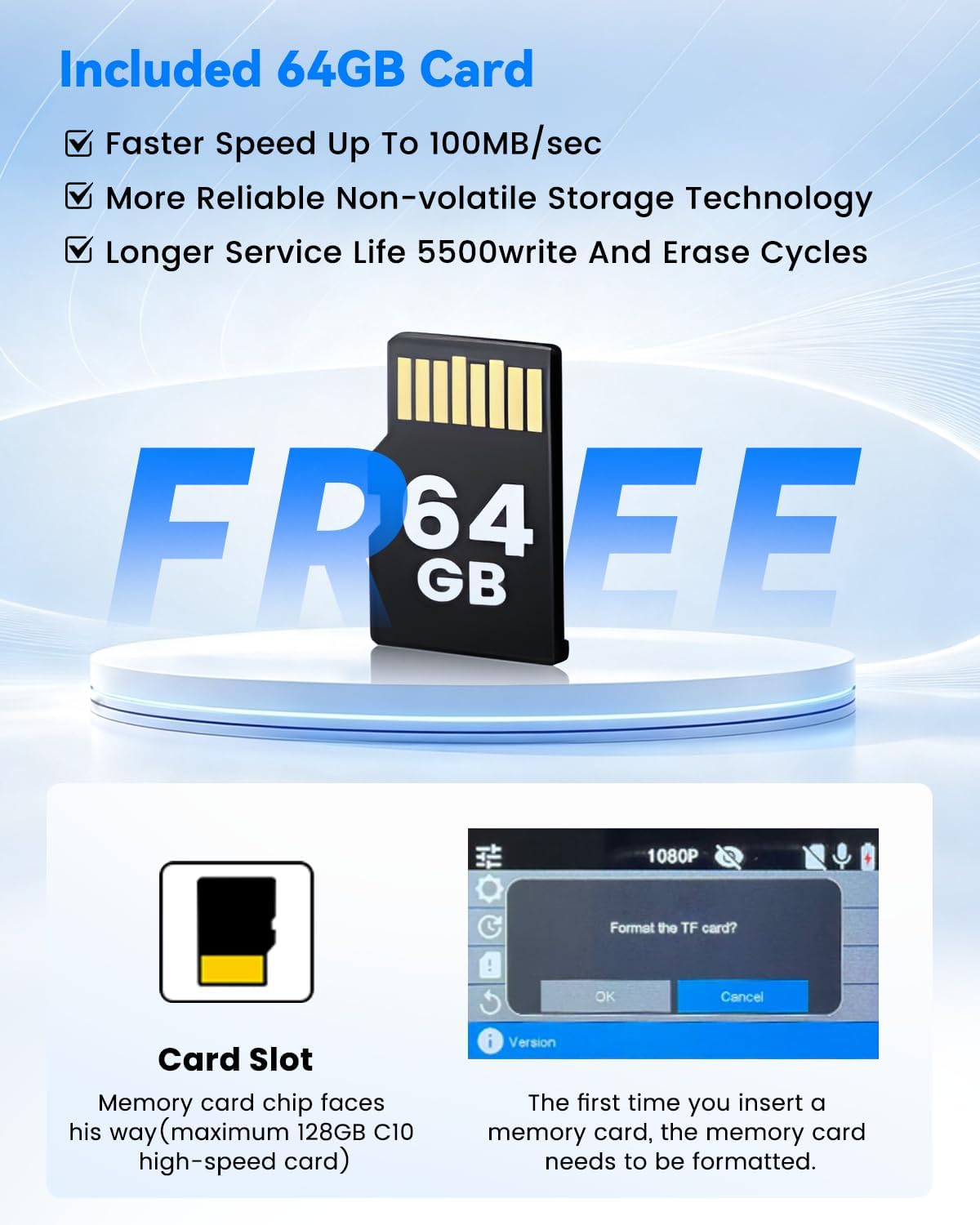 4K Rear View Mirror Camera, Dash Cam with 64GB Card WiFi
