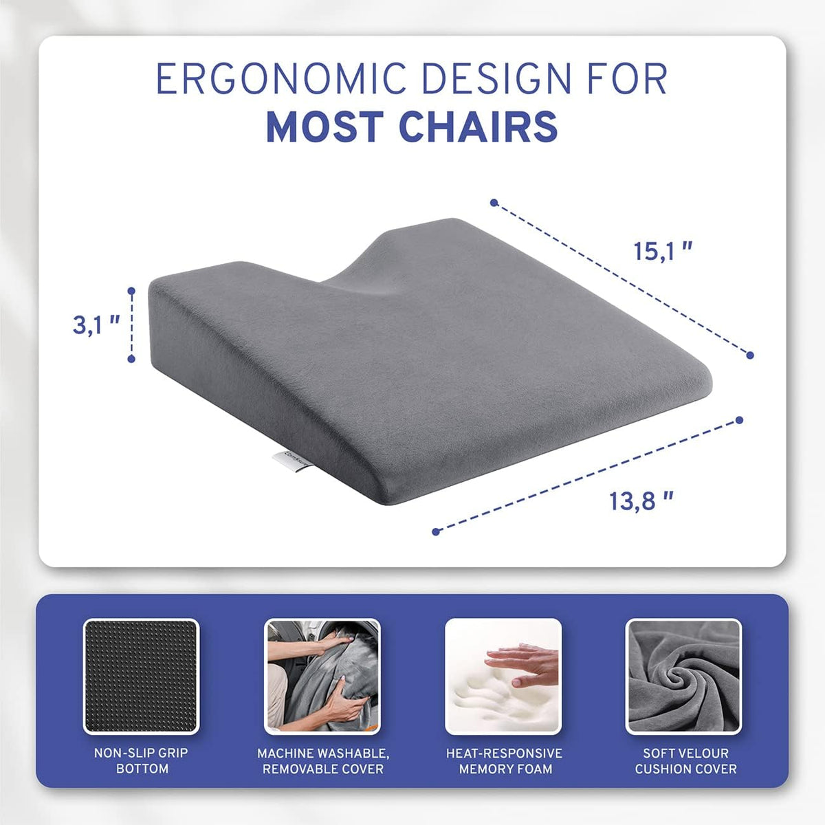 Wedge Car Height Booster Seat Cushion - Office Chair Cushion - Memory Foam Tailbone Pain Relief Cushion for Driving, Office, Gaming Chair - Orthopedic Lower Back, Tailbone, Coccyx, Hips Support
