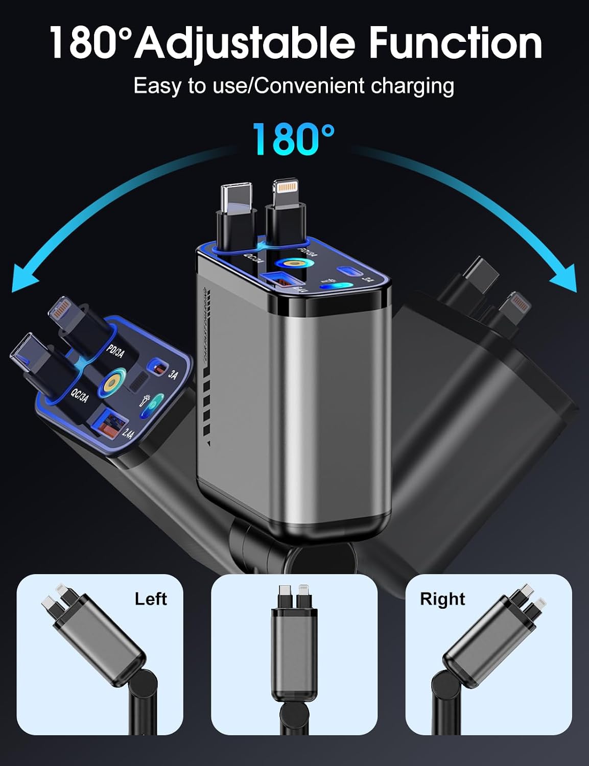 Retractable Car Charger 120W Fast Charging with Starlight,4 in 1 Universal Car Phone Charger,Built-in Type-C & Applehead Cable,Car Road Trip Retractable Accessory for iPhone,IPad,Samsung Galaxy,Pixel