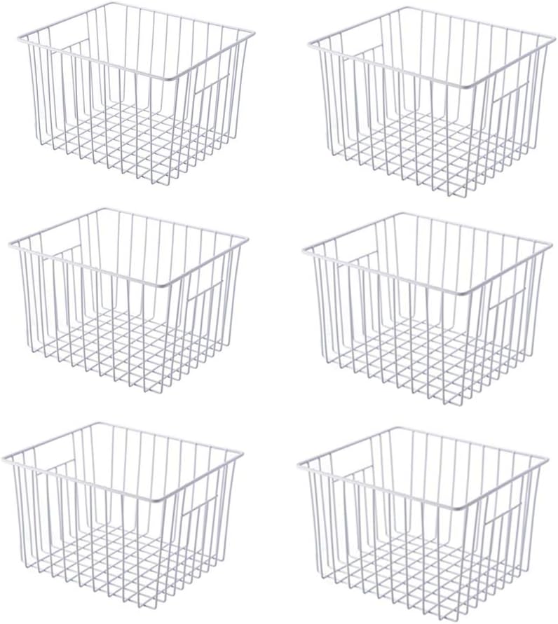Slideep Freezer Baskets Storage Basket Organizers, Deep Wire Farmhouse Bins Container with Handles for Kitchen, Pantry, Cabinet, Car, Bathroom Pearl White, 4 Pack