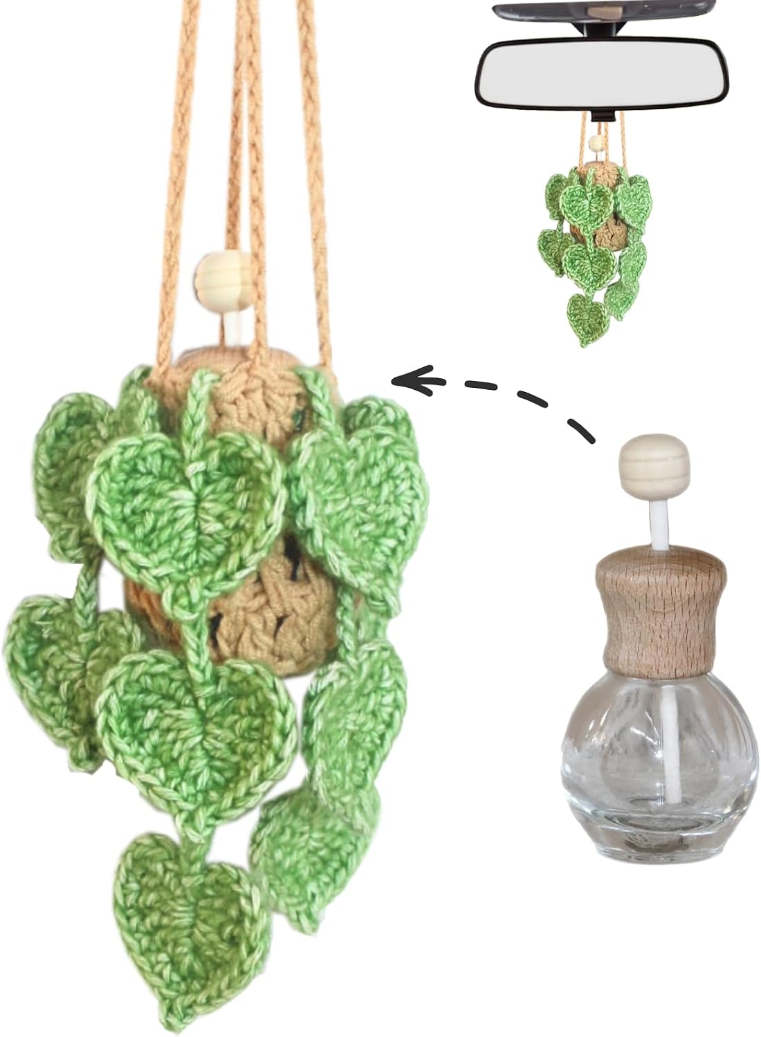 ROFIGL Handmade Crochet Hanging Car Air Freshener - Botanical Wisteria Blossom Design with 12ml Refillable Glass Essential Oil Bottle, Long-Lasting Car Diffuser & Nature-Inspired Decor