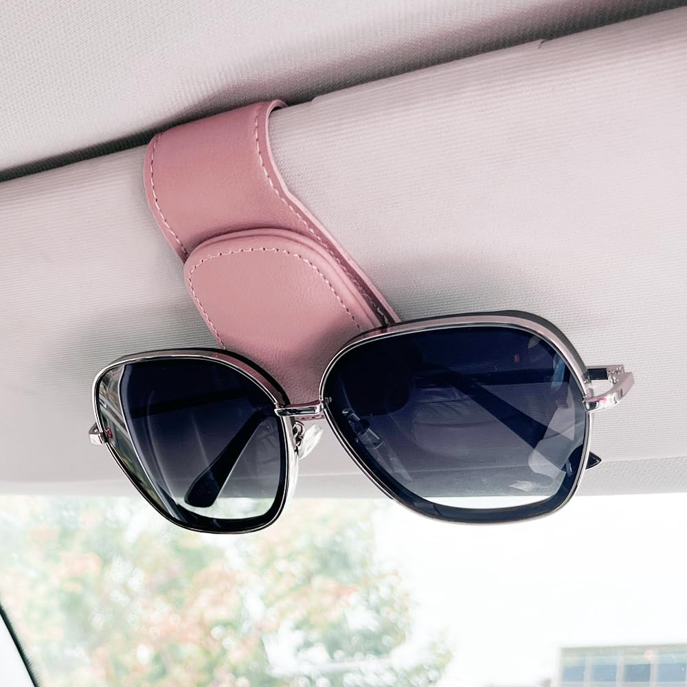 2Pcs Sunglass Holder for Car, Magnetic Leather Eyeglass Hanger Clip for Car Sun Visor, Sunglasses Holder and Ticket Card Clip for Car Visor Accessories (Beige)