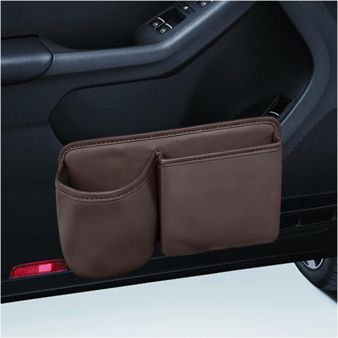 Car Side Door Organizer, Leather Auto Back Seat Storage Pouch with Cup Holder, Car Console Side Trash Can, Universal Vehicle Interior Organizer Pocket for Phone, Coin, Sunglasses (Black)