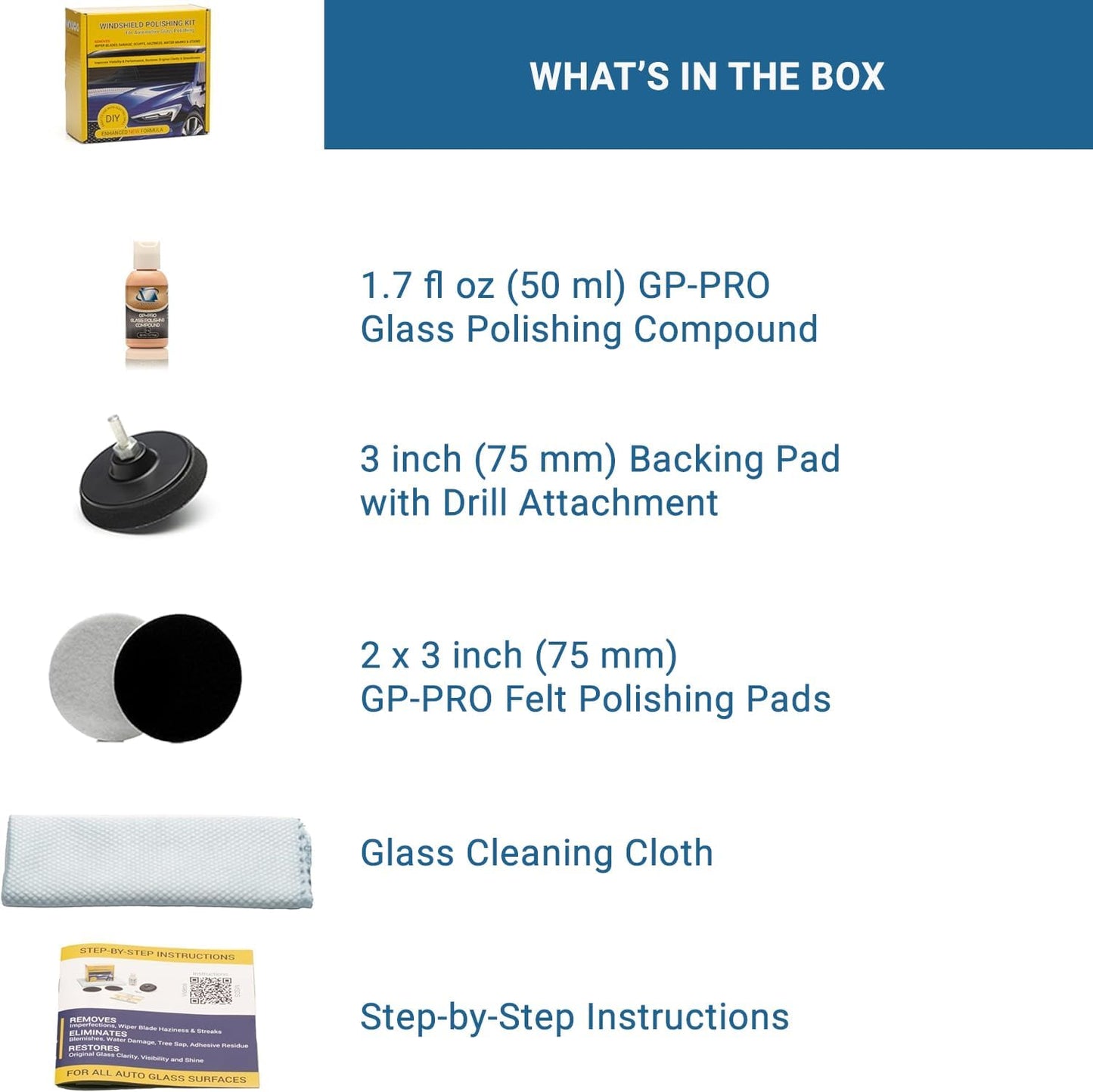 GLASS POLISH DIY 3” (75mm) Windshield Polishing Kit for Car Glass Restoration, Remove Wiper Blade Damage, Fine Scratches, Haziness, and Water Spots, Restore Glass Clarity and Shine