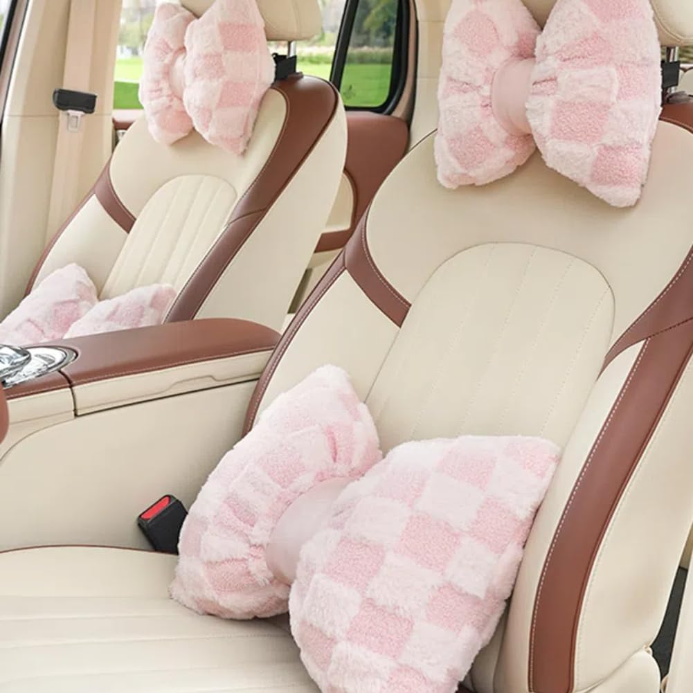 4 Pack Car Neck Pillow and Lumbar Support Cushion Plush Butterfly Knot Headrest Pillow Comfortable Waist Support Cute Car Interior Decor