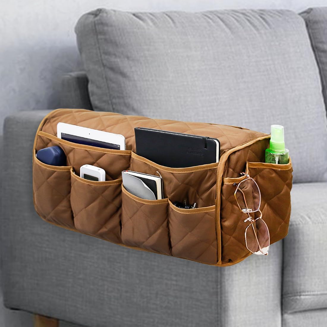 Sofa Armrest Organizer,Couch Remote Control Holder with 14 Pockets Waterproof Non Slip Recliner Organizer for TV Remotes Caddy, Book, Magazines, Ipad (Purple)