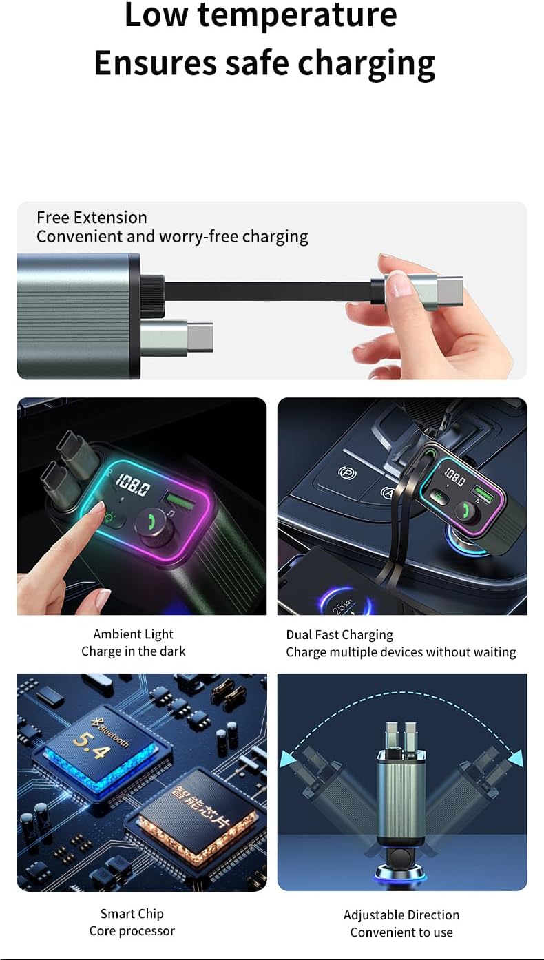 3 in 1 Retractable Car Charger Adapter & FM Transmitter