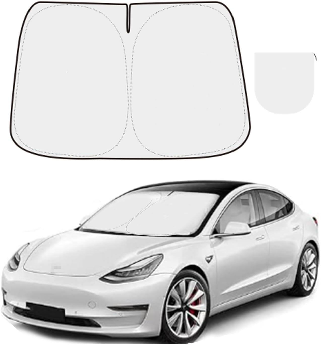 300T Sunshade for Tesla Model Y Model 3, Car Accessories 2026 for Tesla, Front Window Sunshade with Organizer Bag, Gifts for Tesla Owners