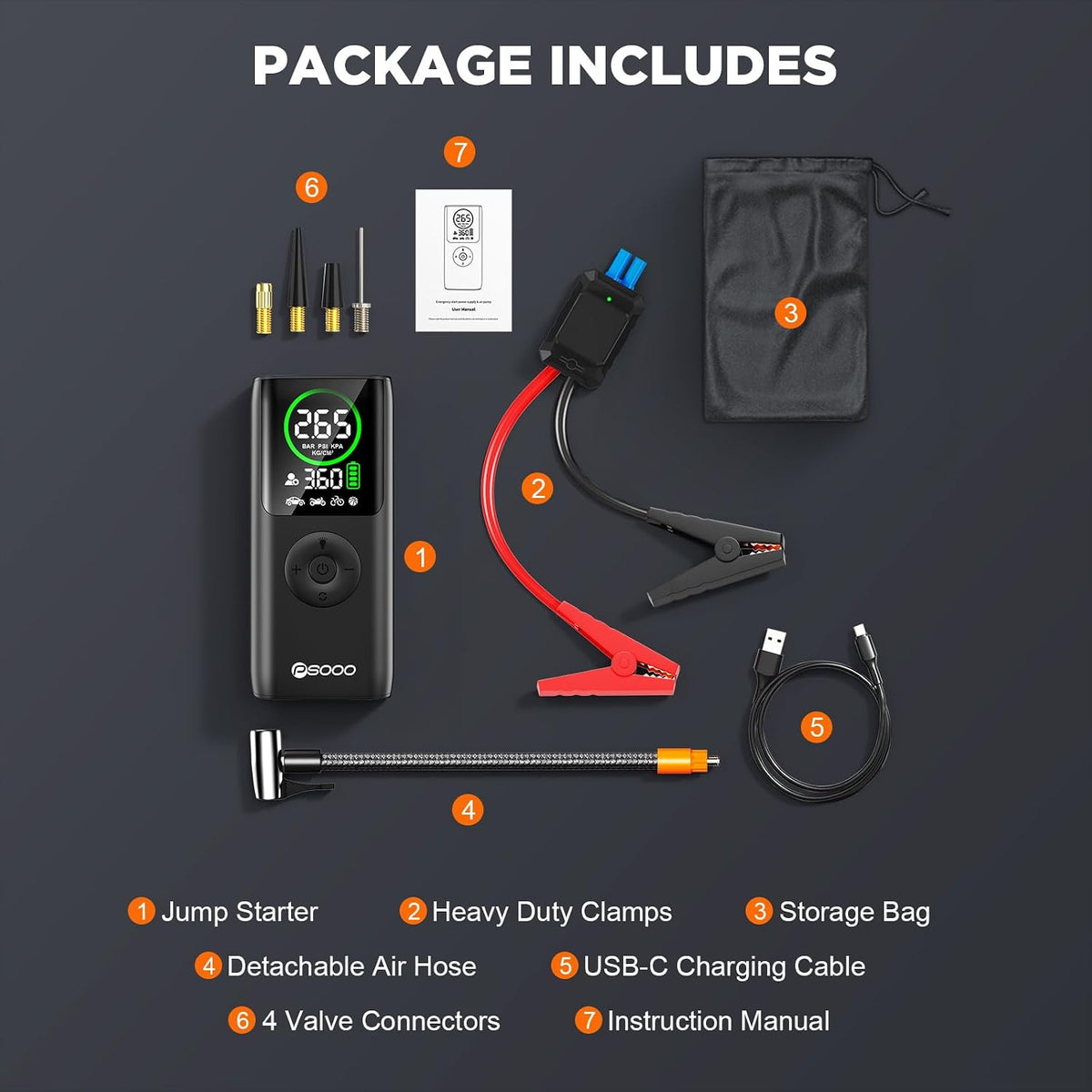 Jump Starter with Air Compressor, 8000A Car Battery Jumper Starter with 150 PSI Tire Inflator Portable, LED Display for 12L Diesel All Cars Engines, Jumper Cables and Light