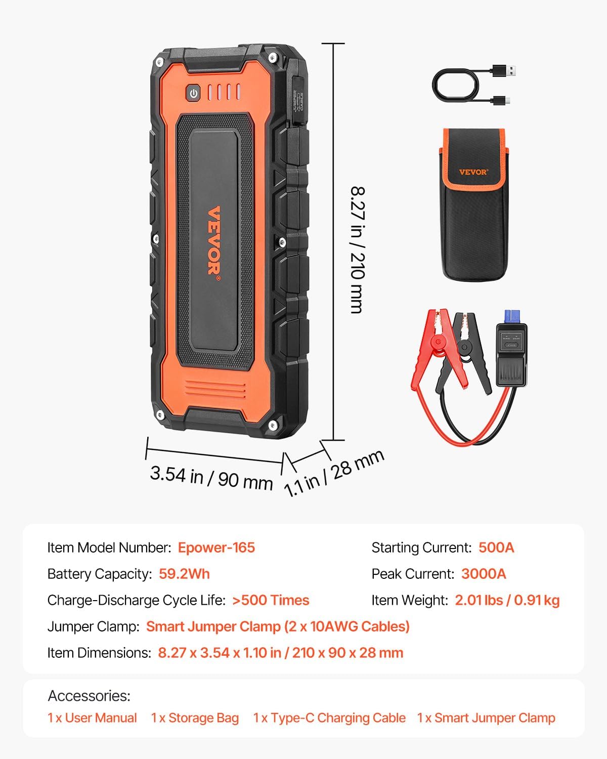 VEVOR Jump Starter, 3000A Peak, Car Battery Starter Power Pack, Portable Battery Booster with Air Compressor Jumper Cables LCD Display LED Light, Lithium Jump Box for up to 10L Gas/8L Diesel Engines