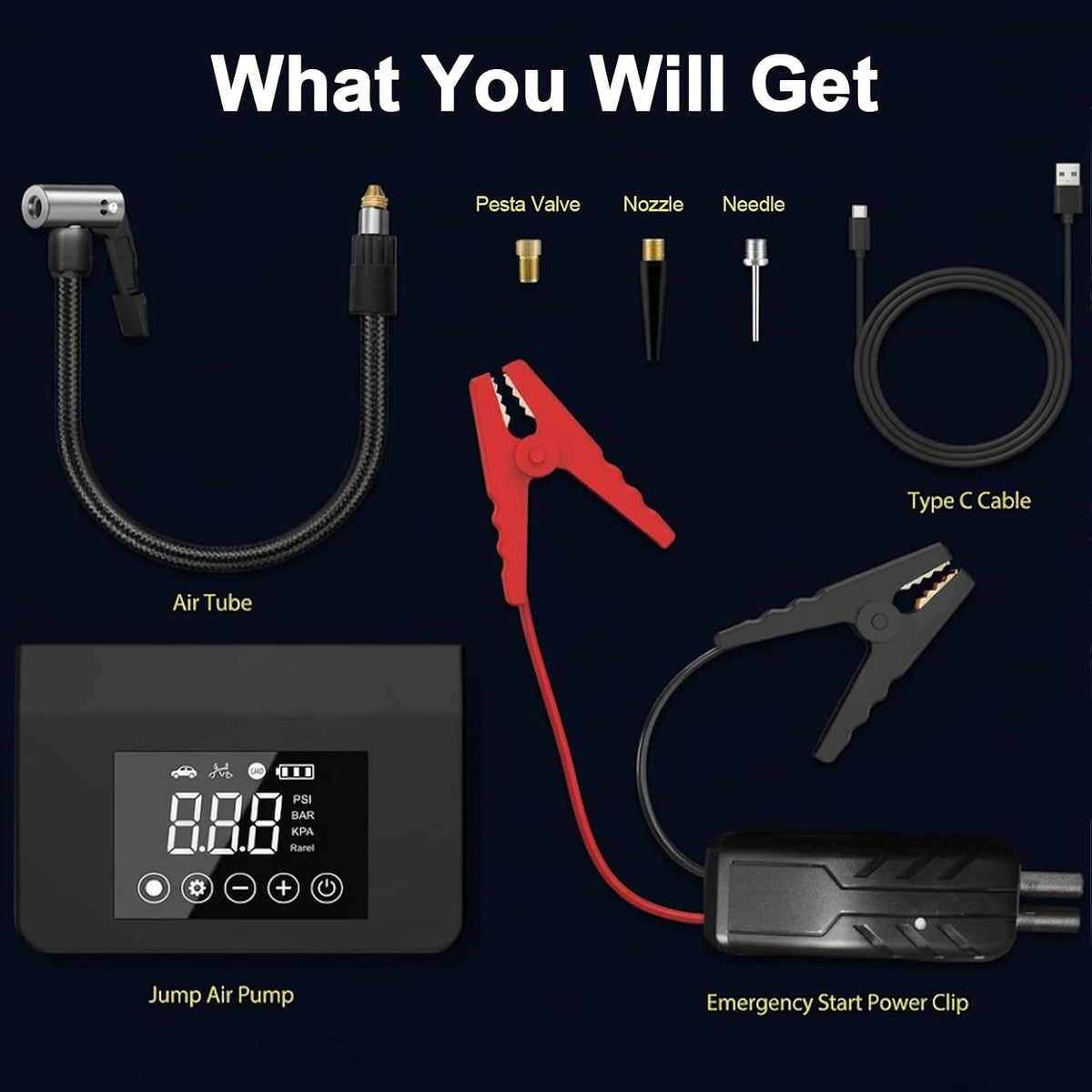 4000A Portable Car Battery Jump Starter with Air Compressor,150PSI Tire Inflator, Jumper Starter for All 12V Vehicles,Power Bank, LED Light,Auto Shutoff
