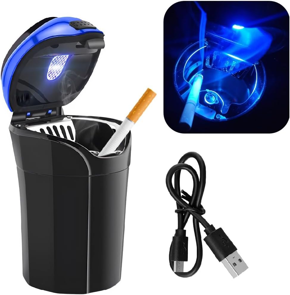 povtii Car Ashtray with Lid, Rechargeable Stainless Auto Ashtray with LED Light Indicator, Portable Smell-Proof Ashtray Cup with Lid & Detachable Cigarette Lighter, Car Accessories (Silver)