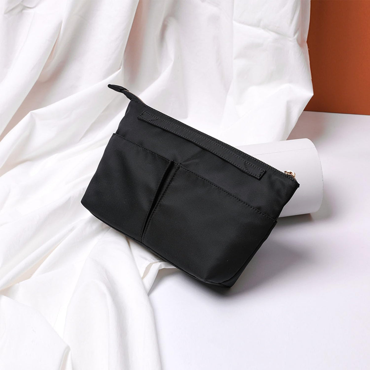 Cosmetic Bag Storage Organizer Insert Lightweight Waterproof Nylon Fabric with Zipper Closure Ideal for Travel Tote Bags(nylon-black)