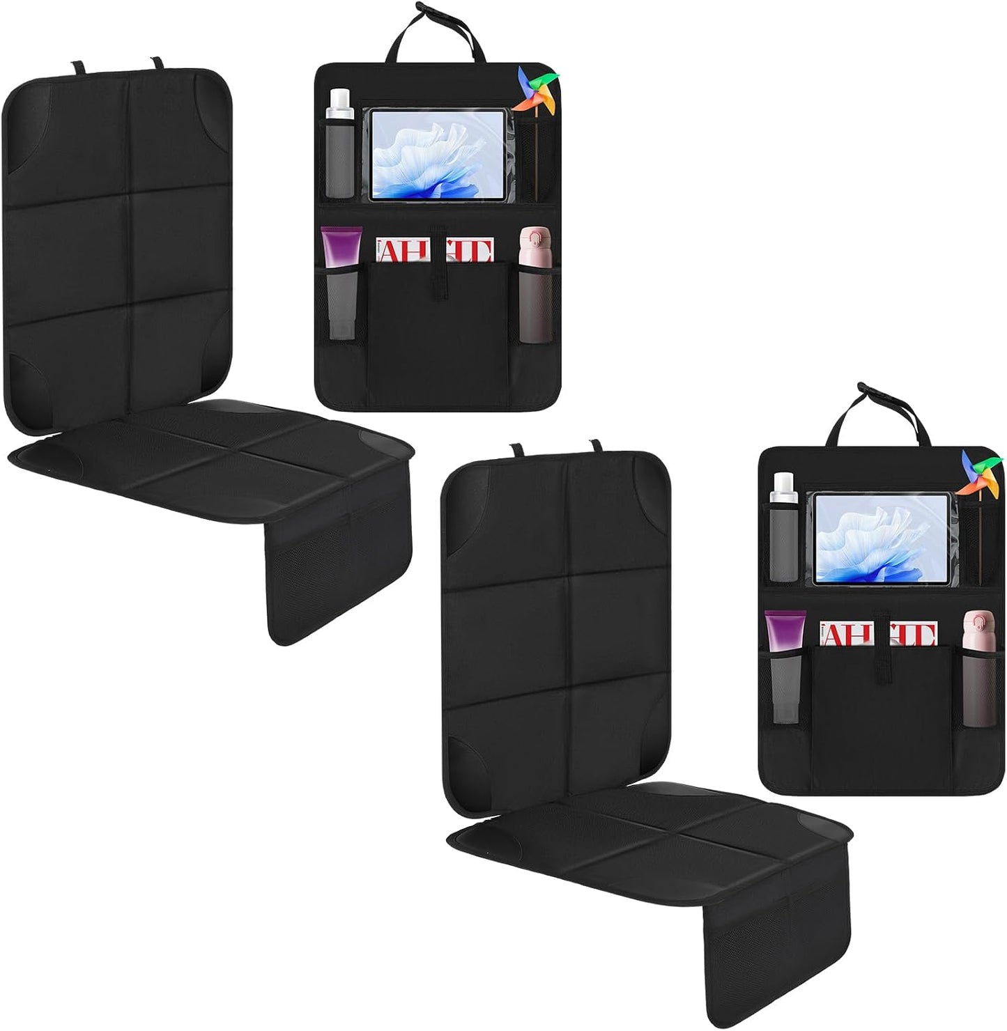 Aurelema 4 Pack Non-slip Car Seat Protector and Backseat Organizer Kick Mat with Tablet Holder, Large Waterproof Car Seat Protector with Storage Pockets for Leather and Fabric