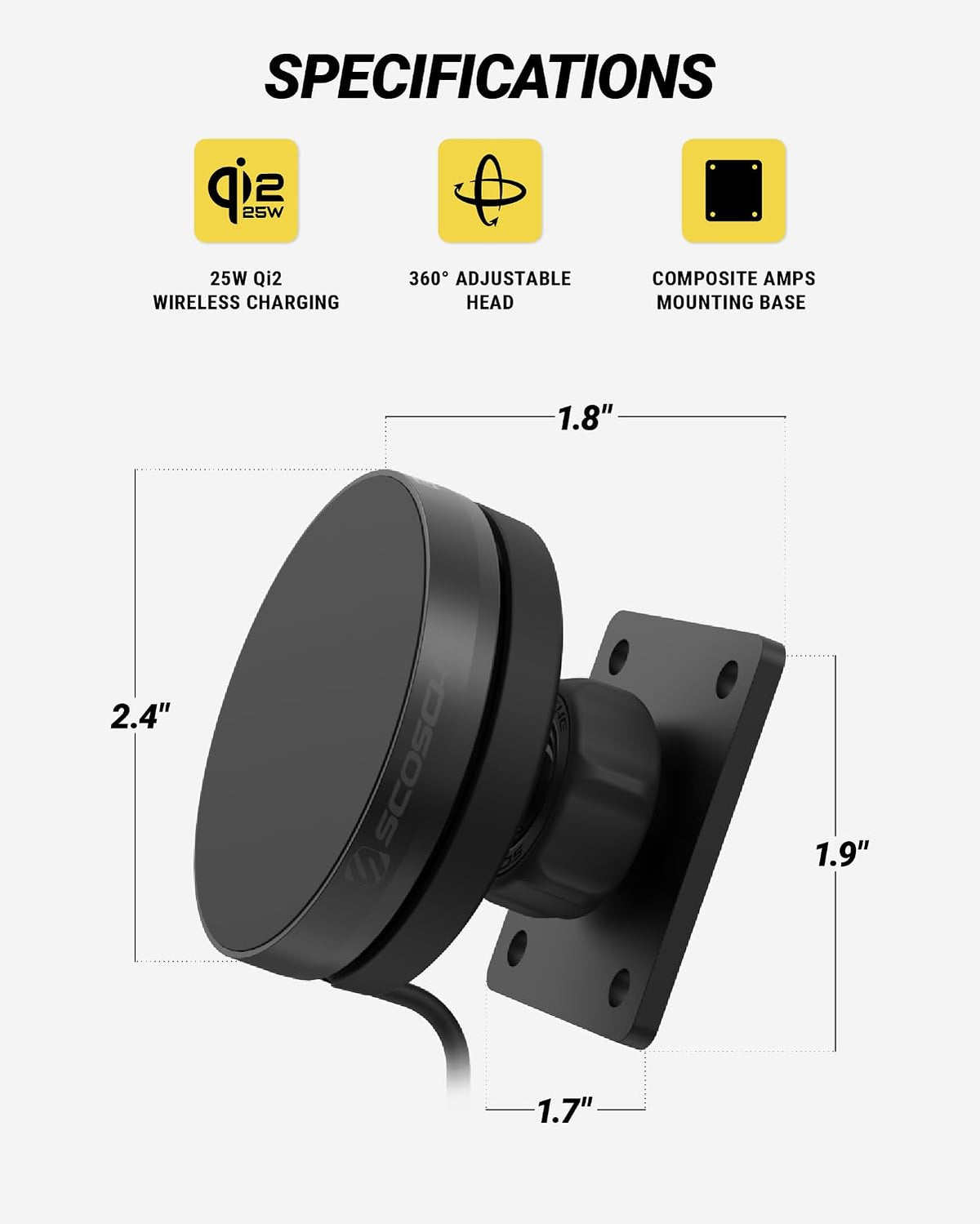 Scosche MagicMount Elite Qi2 Wireless MagSafe Car Mount Charger, 25W Magnetic Cell Phone Holder for Car with AMPS Mounting Plate and 3M Adhesive Dashboard Adapter Compatible with iPhone, Samsung