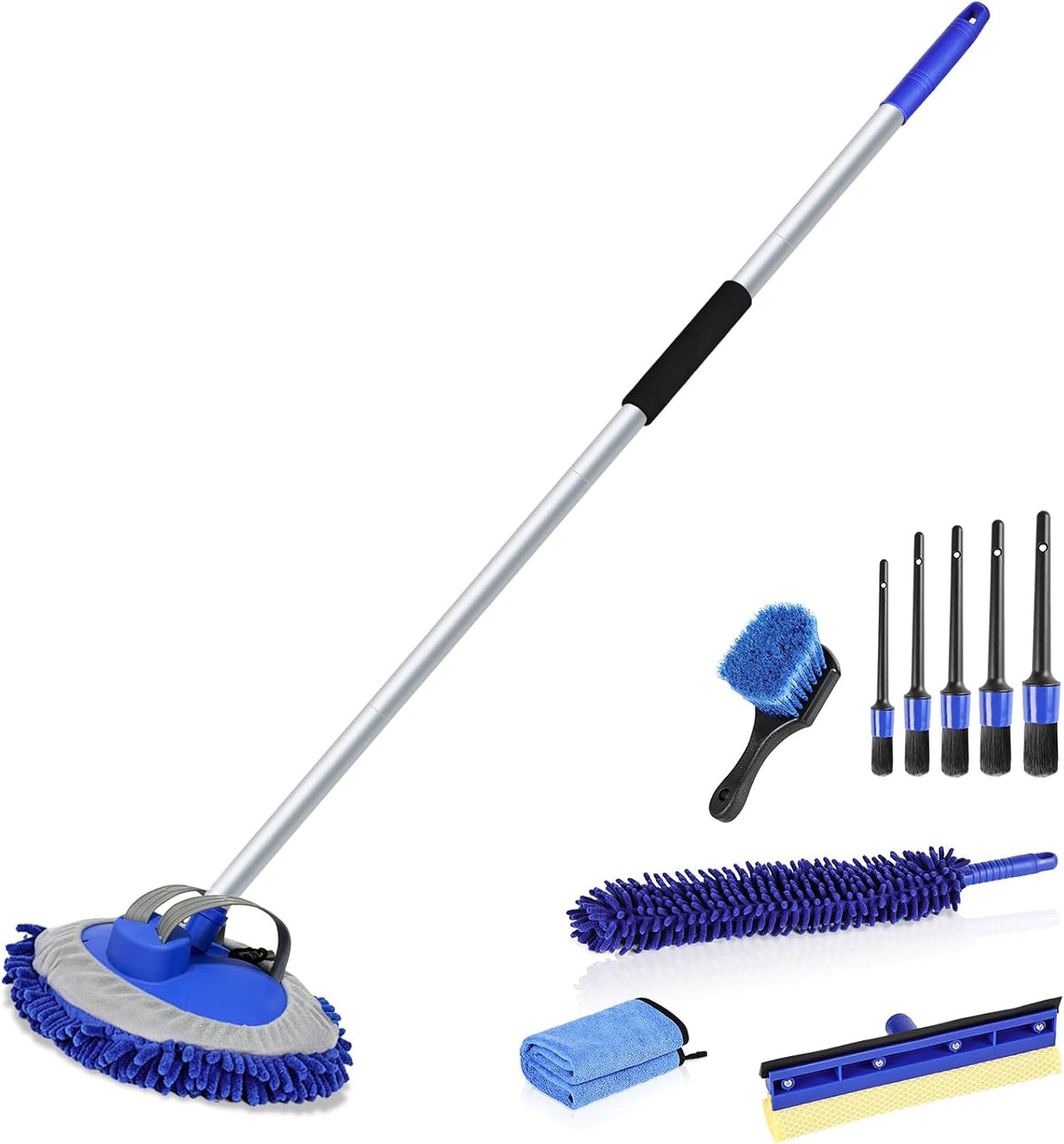 anngrowy 62" Microfiber Car Wash Brush Mop Kit Mitt Sponge with Long Handle Car Cleaning Supplies Kit Duster Washing Car Tools Accessories, 1 Chenille Scratch-Free Replacement Head Aluminum Alloy Pole