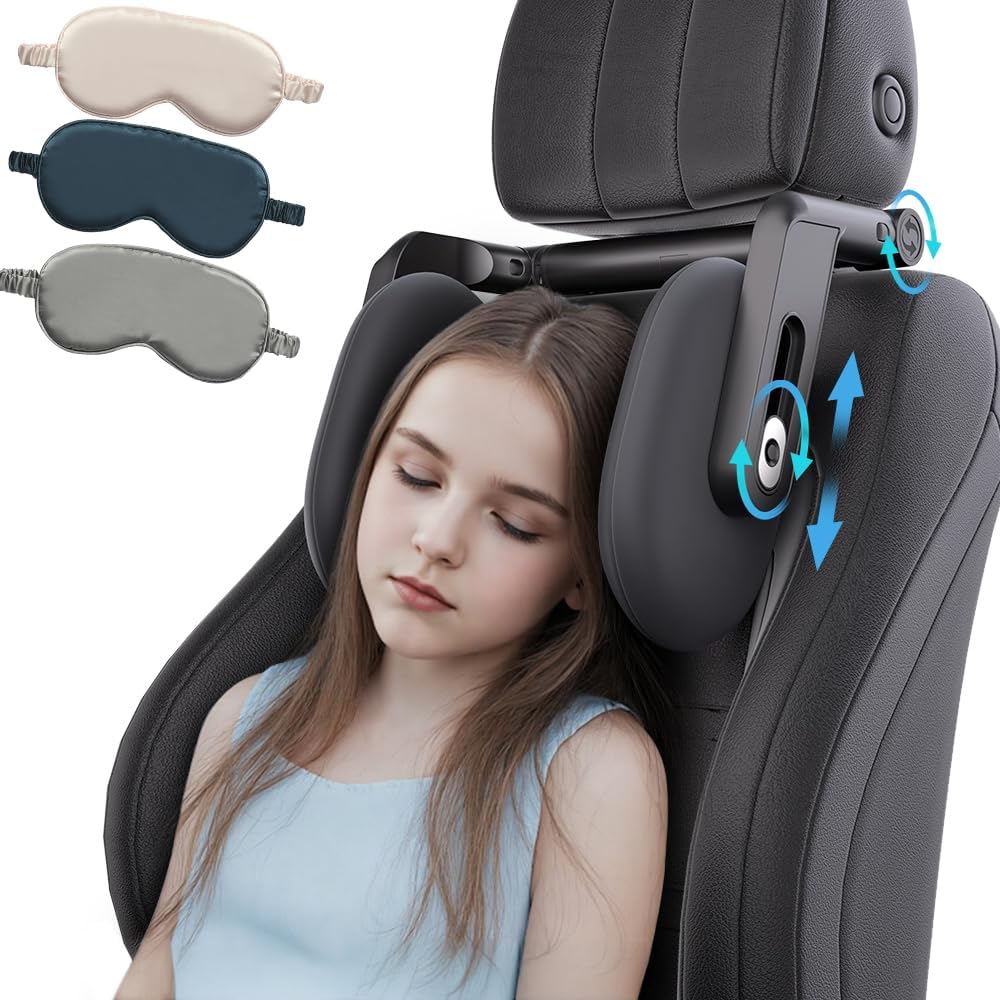 Head Rest Pillow for Car with Hook, Adjustable Car Seat Travel Pillow, Neck Support for Car Seat with Memory Foam & Ice Silk, Kids Adult Road Trip Sleeping Pillow Brownish Red (1 Eye Mask Included)