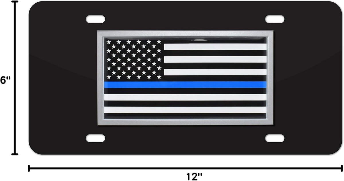 Elektroplate Police Thin Blue Line USA Flag All-Metal Black Decorative Front Plate with 3D Emblem | Weatherproof Automotive Accessory for Cars, SUVs, Trucks (12" x 6")