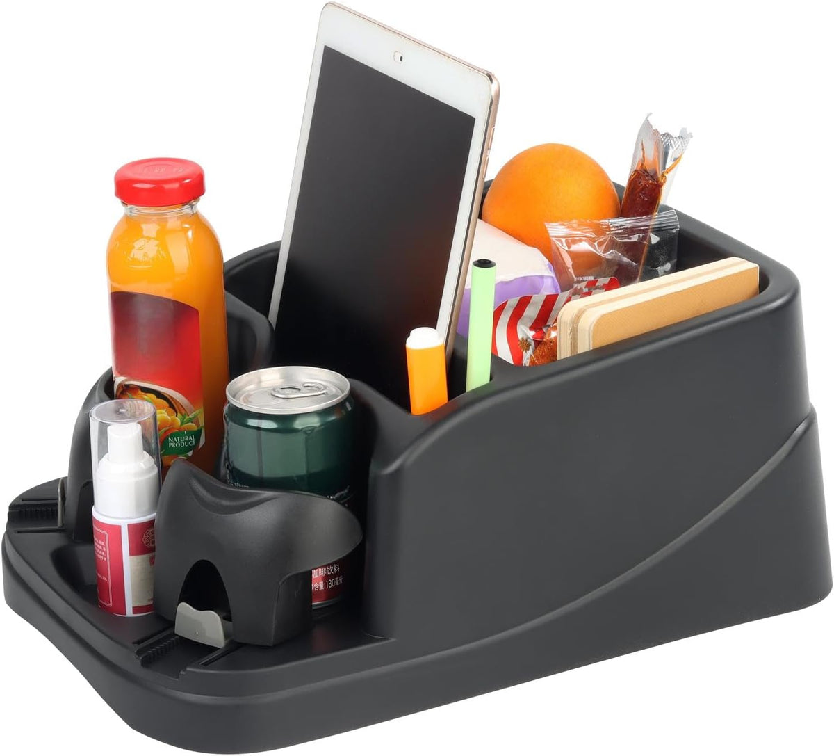 Large Size Plastic Console for Cars, Trucks, Minivans, SUVs with 2 Adjustable Drink Cup Holders Pad Book Holder, Back Bench and Front Seat or Floor Middle Console Universal Vehicle Organizer Grey