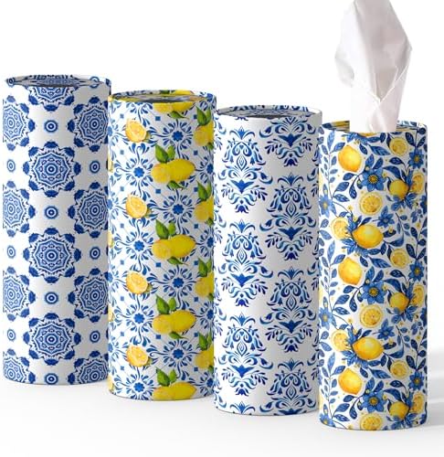 4 Pcs Capri Lemon Round Tissues Box Car Holder Set - Blue & White Mediterranean Lemon Travel Tubes for Car with 50 Sheets Cylinder Face Towel Containers | 2.7" x 7.1" Cup Holder Fit, 4 Unique Designs