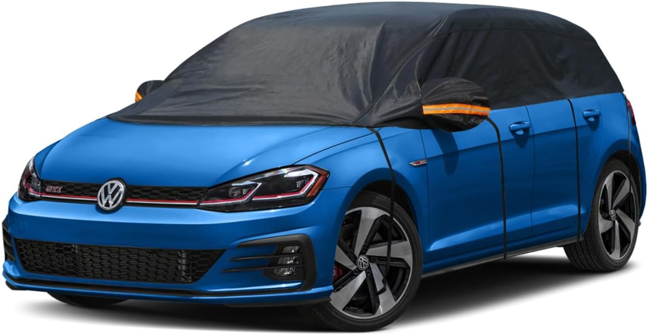 Kayme Half Car Cover, Windshield Cover for Ice and Snow Top with Reflective Straps, Roof Cover Waterproof All Weather Dust, Sun Protection. Front Rear Window Cover Fit Sedan. 3L (UP to 127'')
