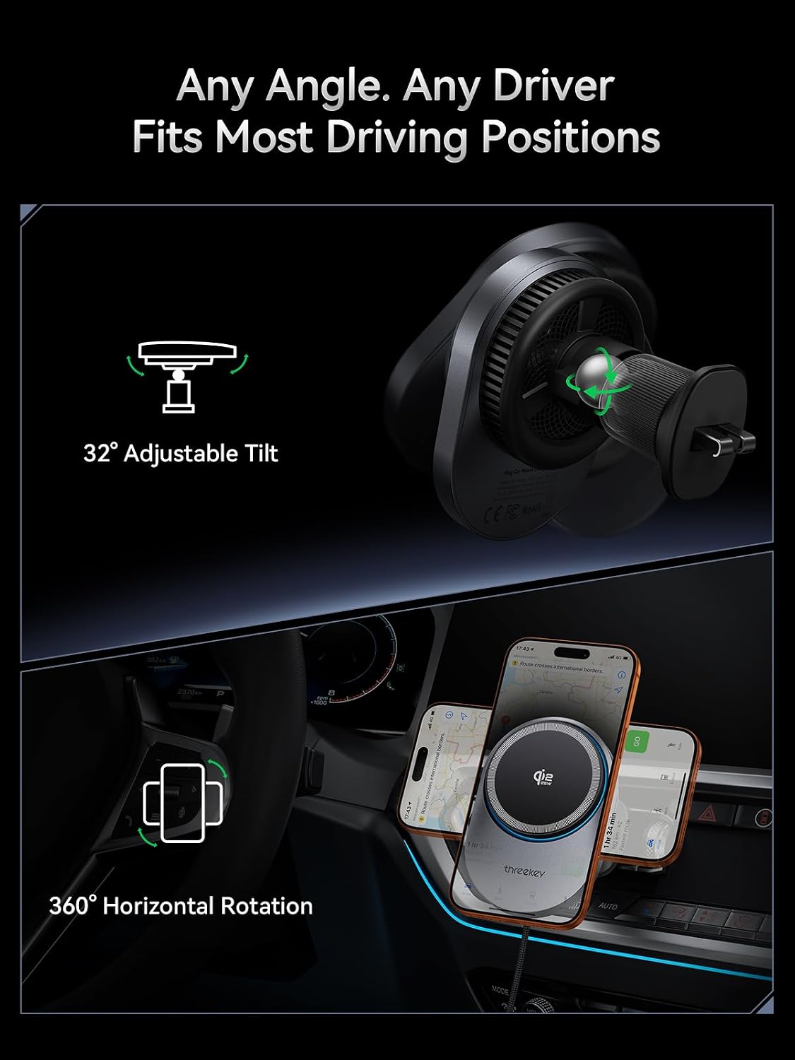THREEKEY Magnetic Car Mount Charger Lite Qi2 25W Charging with TEC Cooling