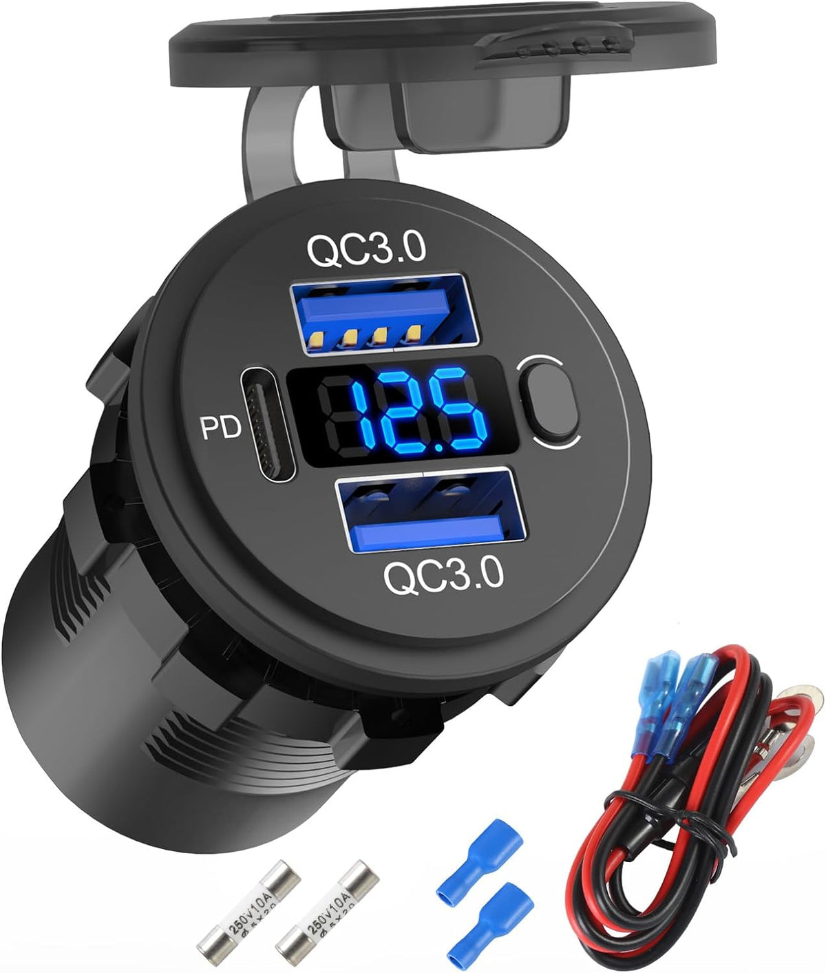Hapytrip 2 Pack 12 Volt USB Outlet Dual Quick Charge 3.0 Port and PD3.0 USB C Car Battery Chargers Socket, Waterproof 12V Power Outlet Cigarette Lighter Replacement DIY Kit with Voltmeter and Switch