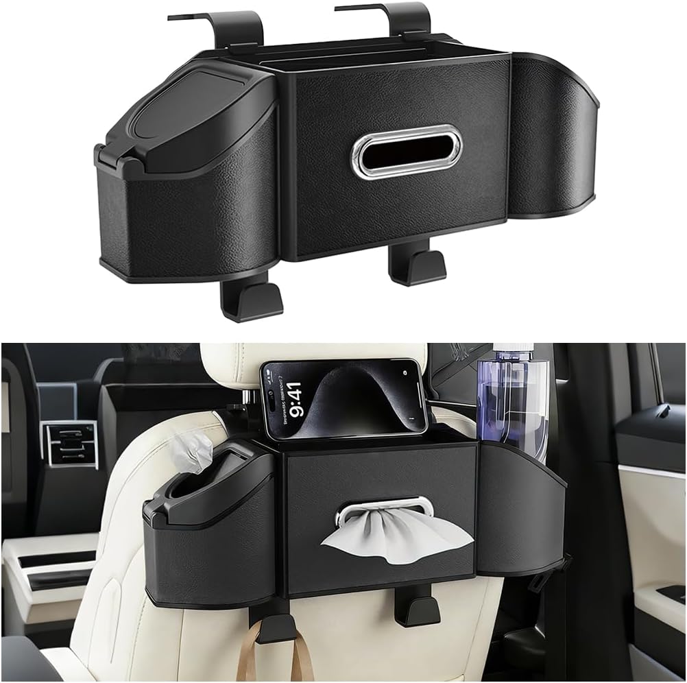 HZEL Car Seat Back Organizer, 7 in 1 Vehicle Backseat Storage Box with Cup Holder Tissue Box Trash Bin & Hooks, Multifunctional Auto Interior Headrest Organizer, Universal for SUV RV Truck (Brown)