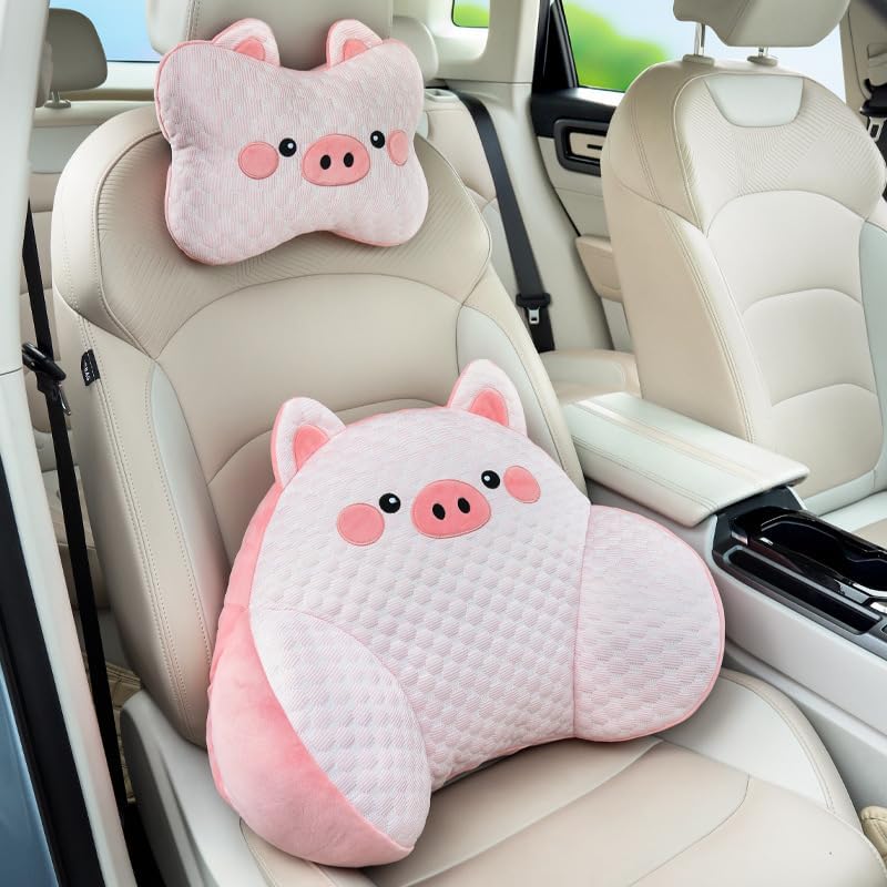 Car Neck Pillow and Lumbar Support Set, Cute Animal Soft Plush Ergonomic Back Cushion for Driving, Travel Seat Headrest Pillow(Set of 2) (Pig)