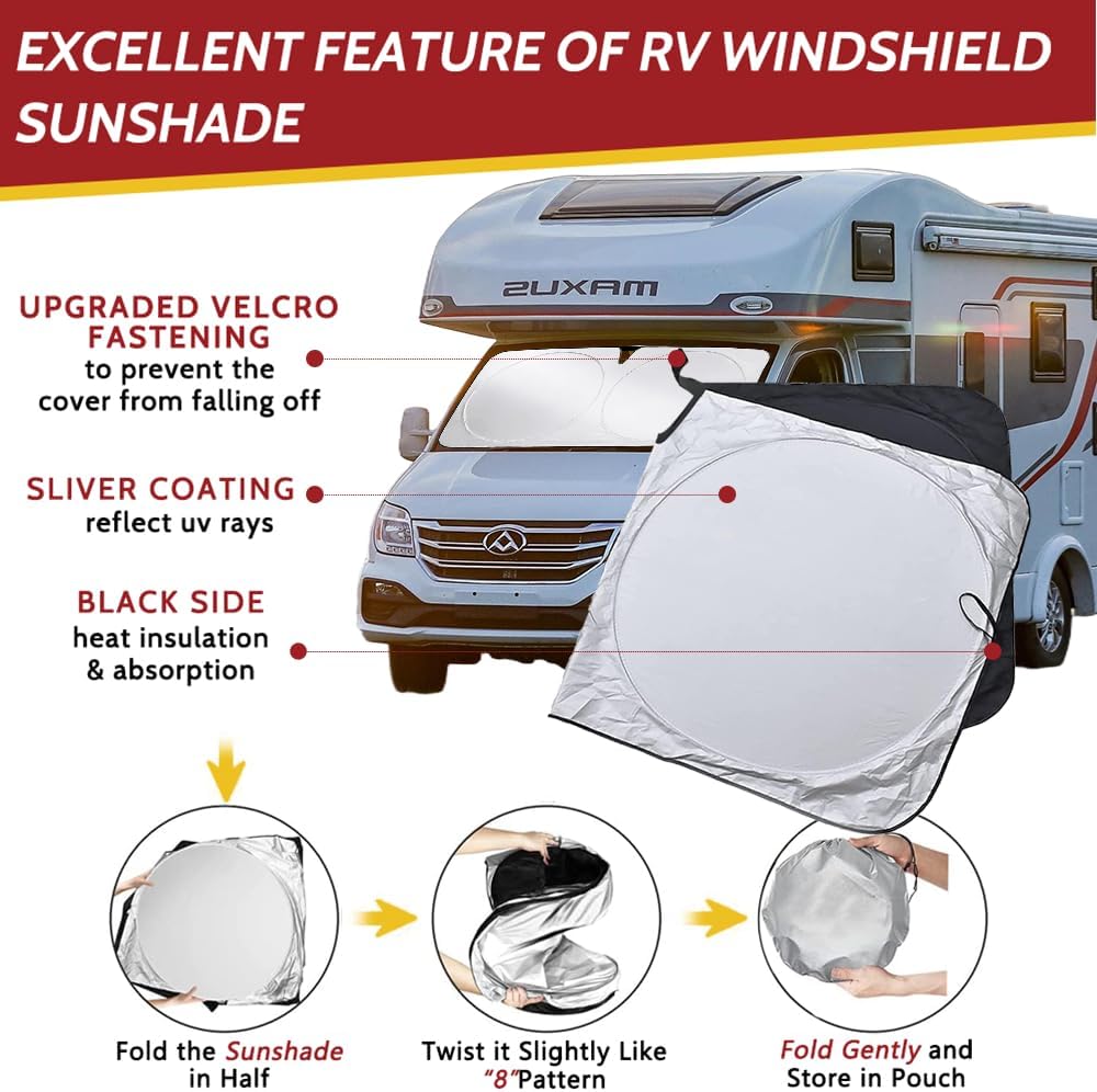 Class A RV Windshield Sunshade Cover, Reflective Window Film for Trailer Heat Blocker, RV Murts UV&Heat Front Truck Shade, Camper, Motorhome, Bus, XXXL-102 x 51 inches, Lightweight&Portable.