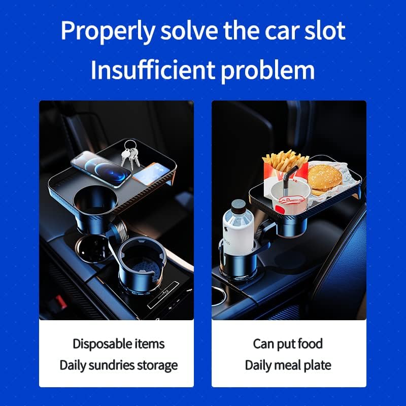 Car Cup Holder Tray, 2 in 1 Cup Holder Expander Car Food Table Tray with Adjustable Base, 360° Rotate Car Tray for Eating, Detachable Car Table Fits Yeti, Hydro Flask 16-46 oz