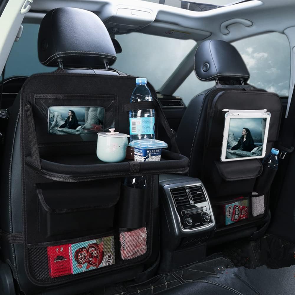 Tumecos 2 Pack Car Seat Back Organizer and Storage with Touch Screen Tablet Holder, Kick Mats, Back Seat Protector (black&red)