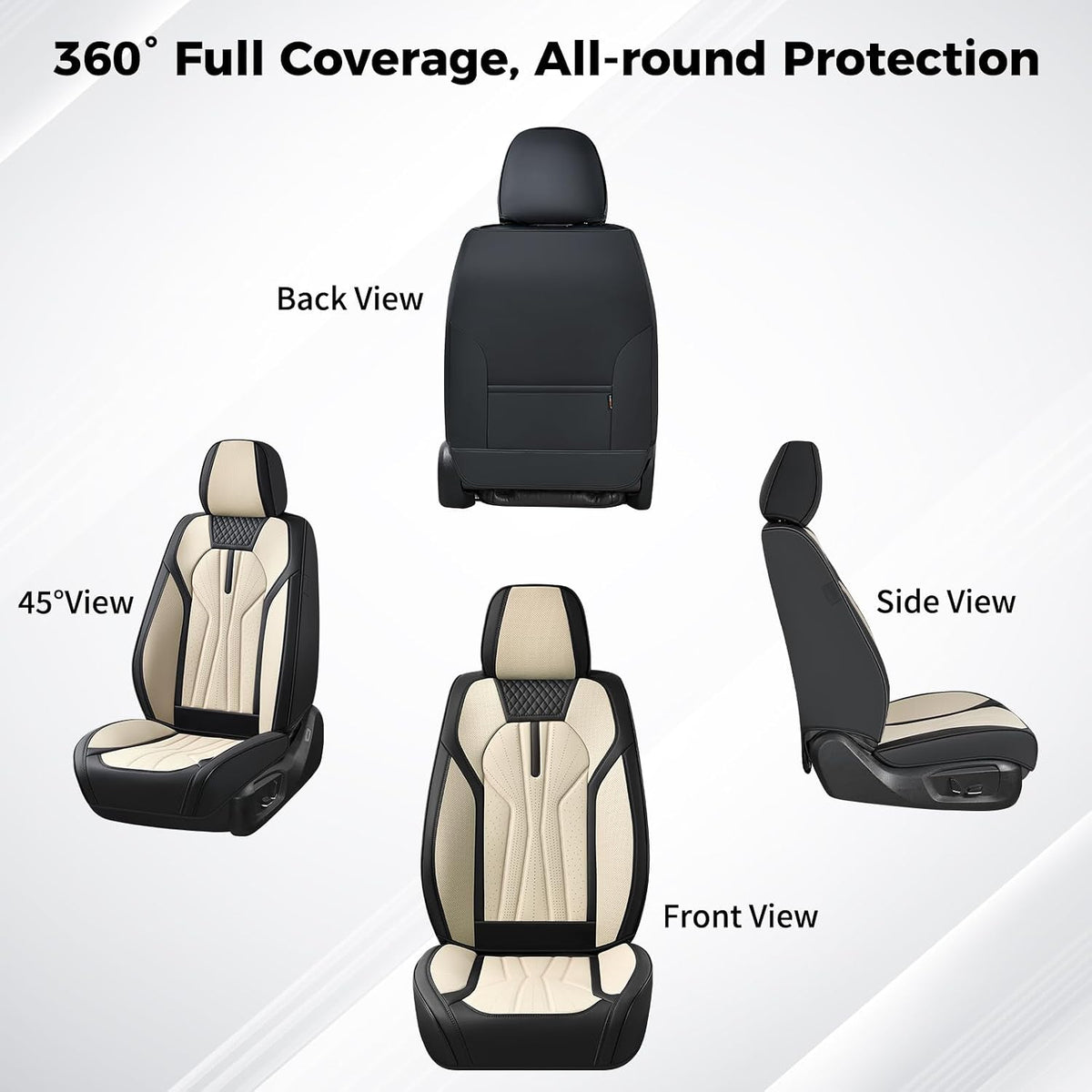 Huidasource Leather Car Seat Covers Full Set 5 Seats, Waterproof Faux Leather Front & Rear Seat Cover with Headrest, Non-Slip Automotive Seat Covers Fit for Most Cars Trucks SUV, Black&Beige