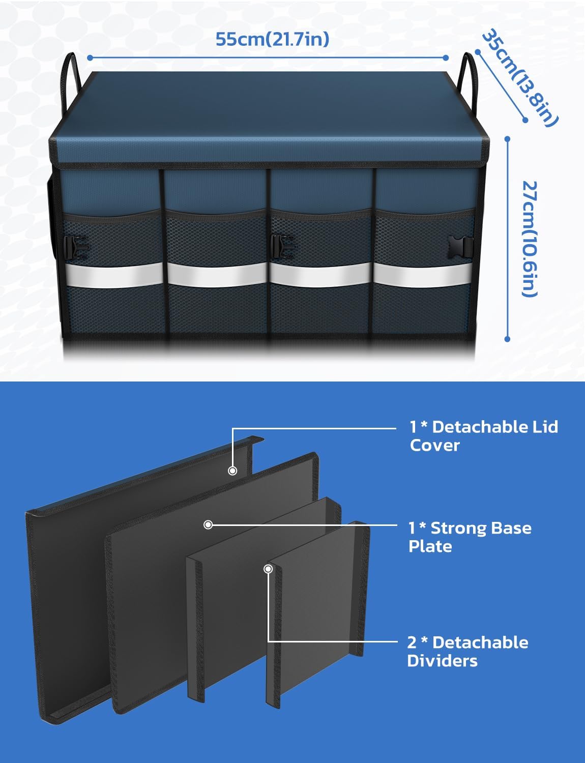 Oasser Car Trunk Organizer with Foldable Soft Lid, 55L 3 Compartments Blue