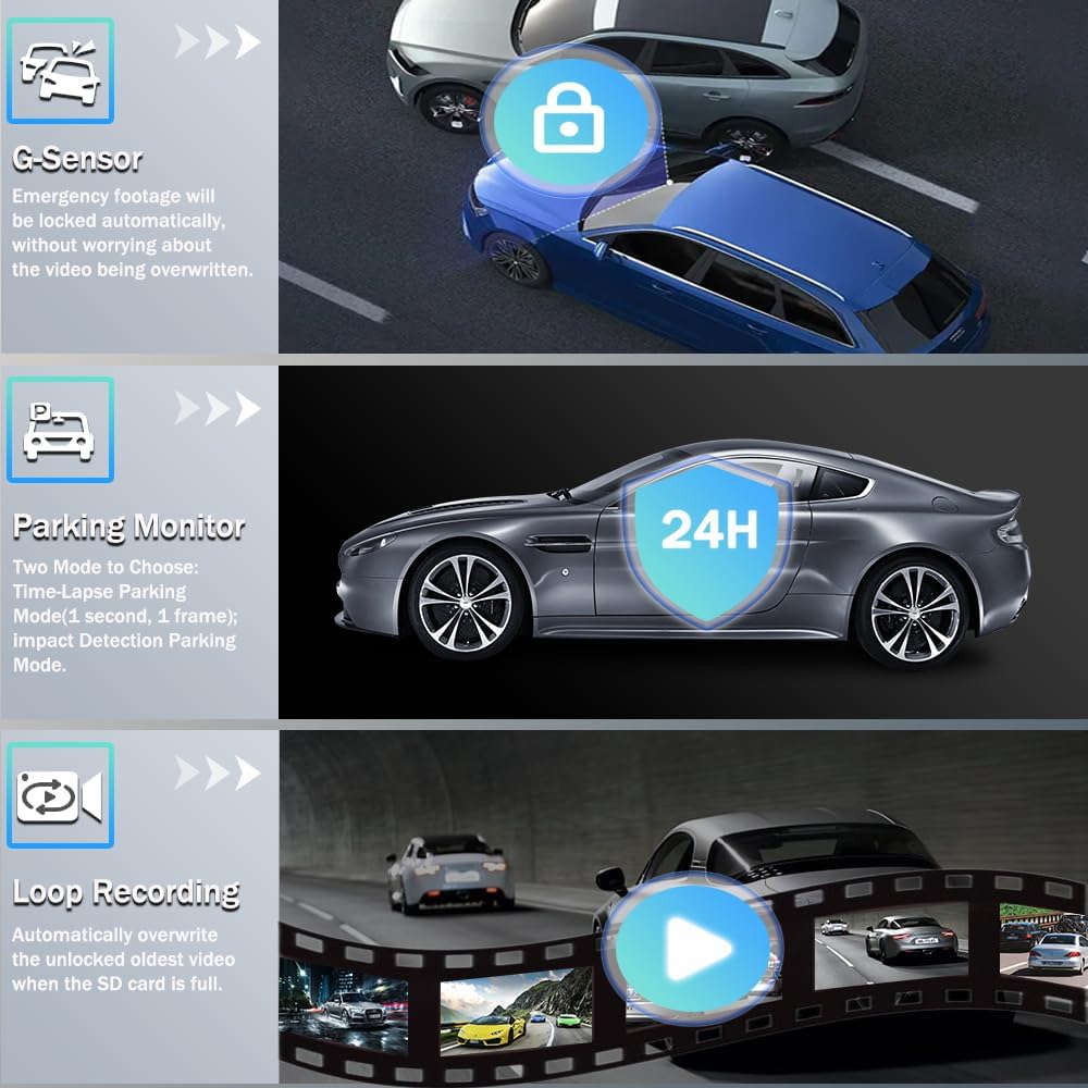4K Dash Cam, Front and Rear Dual Dash Camera for Cars with 64GB Card, 5.8GHz WiFi, 360° Swivel Rear Camera, App Control, WDR, G-Sensor, Night Vision, Loop Recording, Parking Mode