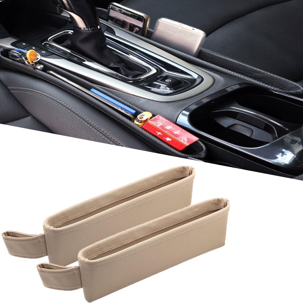 Tumecos Car Seat Pockets PU Leather Car Console Side Organizer Seat Catcher Holders Compatible with Phone Key Wallet Phone Sunglasses 2 Pack (Brown)