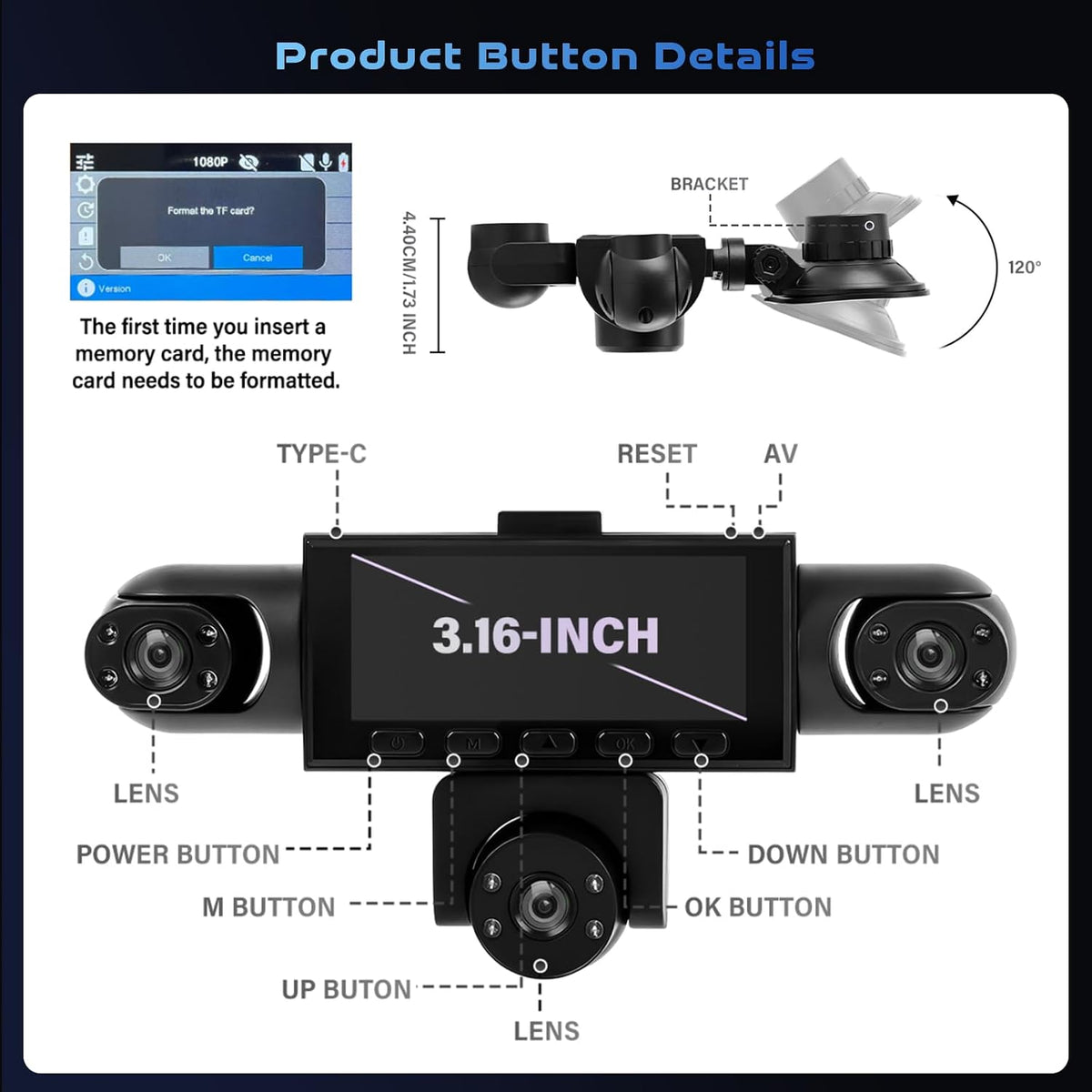 5-Channel Dash Cam Mirror, 360° Car Camera Front Rear Inside 1080P, HDR Night Vision, 24H Parking Mode, Loop Recording, Reverse Assist