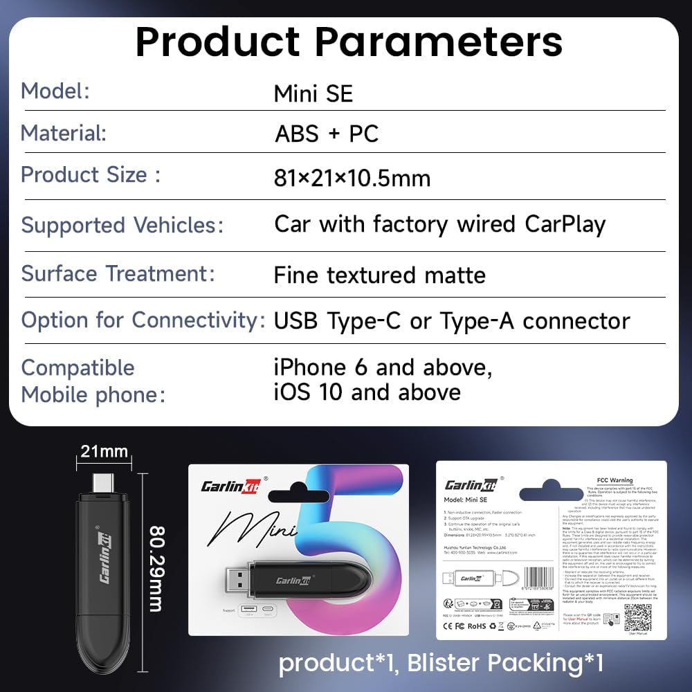 CarlinKit CarPlay Wireless Adapter MiNi SE 2026 - Auto Connect Online Update for iPhone, Apple CarPlay Wireless Adapter Convert OEM Wired CarPlay Cars, Plug & Play Dongle