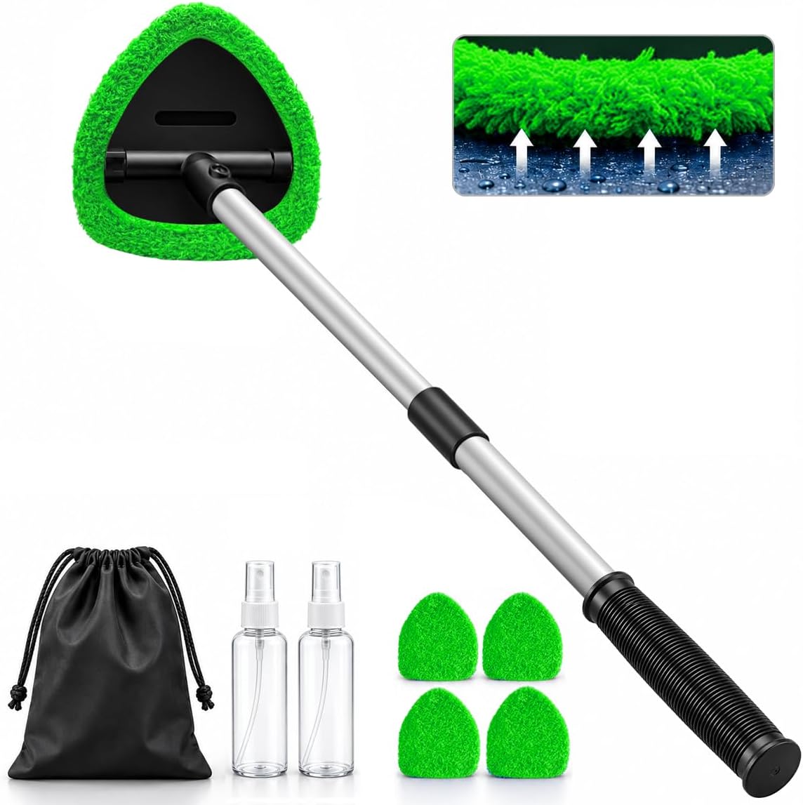 25.5" Extra-Long Reach – Super Absorbent Coral Velvet Windshield Cleaner Tool, Streak-Free Windshield Cleaning Tool Kit with 5 Pads, 2 Spray Bottles & Storage Bag for Auto Glass & Home Windows, Blue