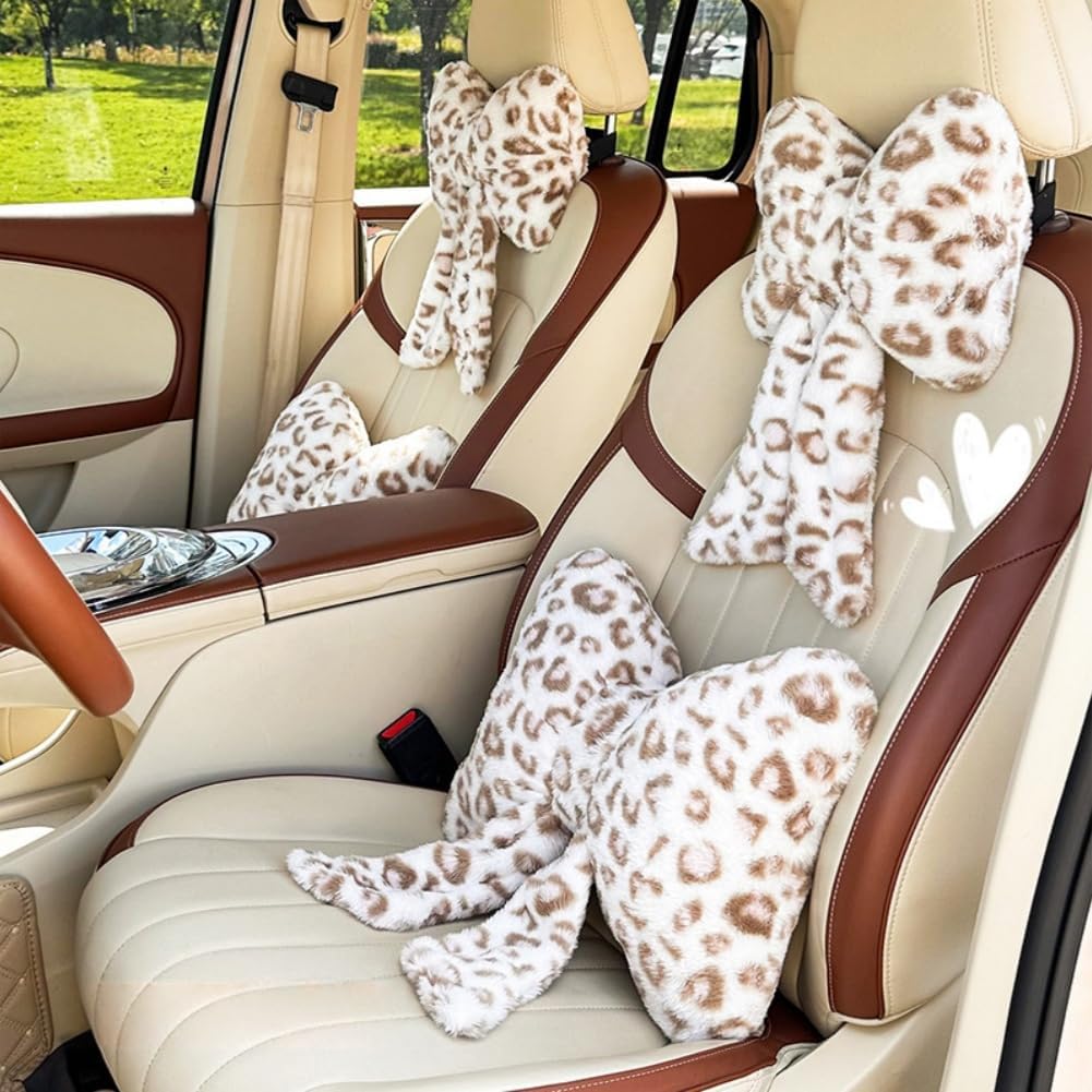 LYFJMUS 4 Pack Plush Bow Car Headrest Pillow and Lumbar Support Pillow Soft Butterfly Car Neck Pillows for Driving Cars Decor (Black)