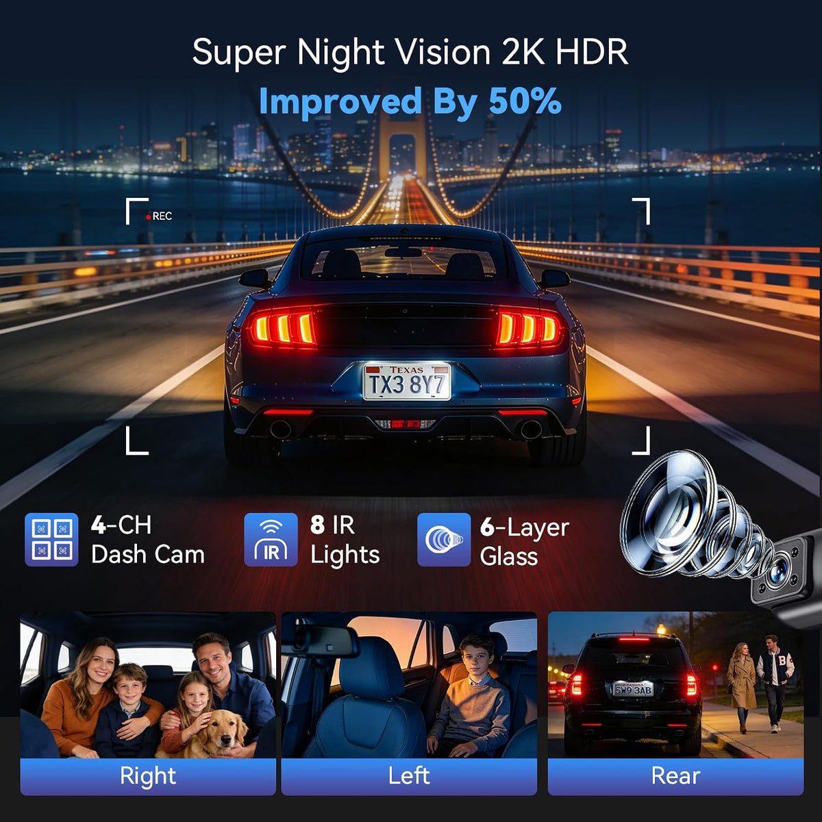 4K 4 Channel Dash Cam Front and Rear Left Right with GPS
