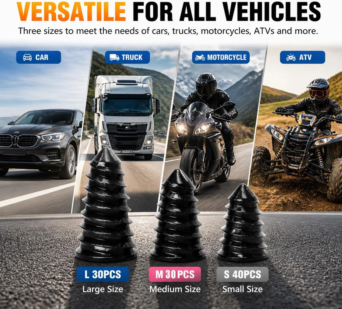 100PCS tire Repair Rubber Nail kit,Fix Without Tire Removal,Three Sizes tire Screw Plugs Tread Repair for Car,Truck,Motorcycle,SUV,Includes Tools Portable Case.