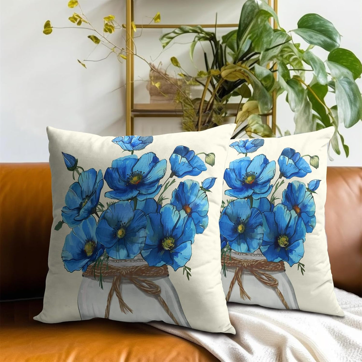 Blue Poppy Throw Pillow Covers 18x18 Inch Set of 2 Watercolor Summer Flower Mason Jar Decorative Pillow Cushion Cases for Sofa Couch Living Room Housewarming Party Decor