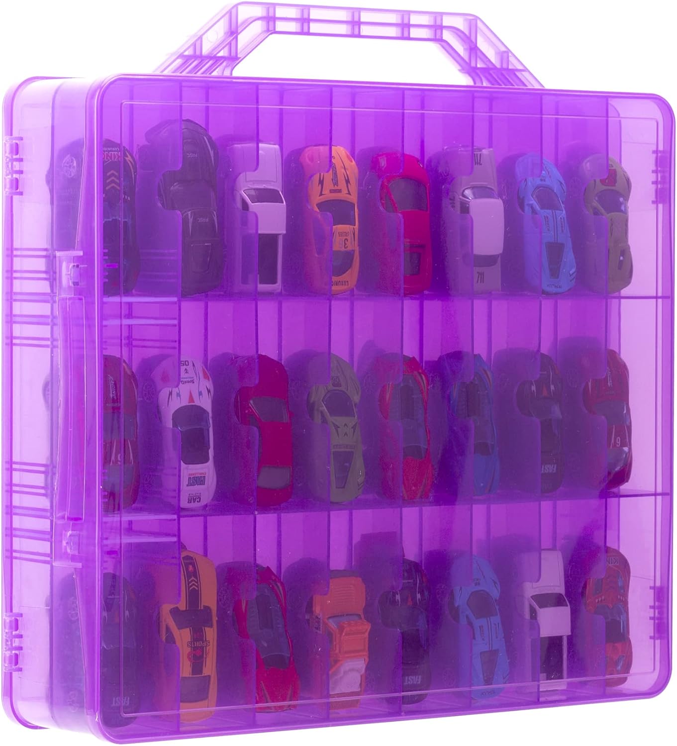 Double Sided Storage Case for 48 Cars, Matchbox Cars, Mini Toys, Small Dolls - Portable Transparent Case (Blue)