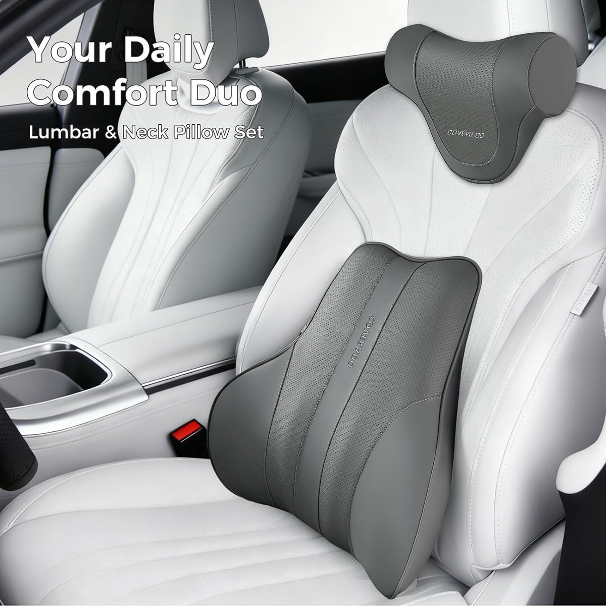 Coverado Lumbar Support Pillow for Car, Ergonomic Memory Foam Back Pillow for Office Chair, Back Cushion for Back Pain Relief, PU Leather Car Lumbar Support for Driving Seat