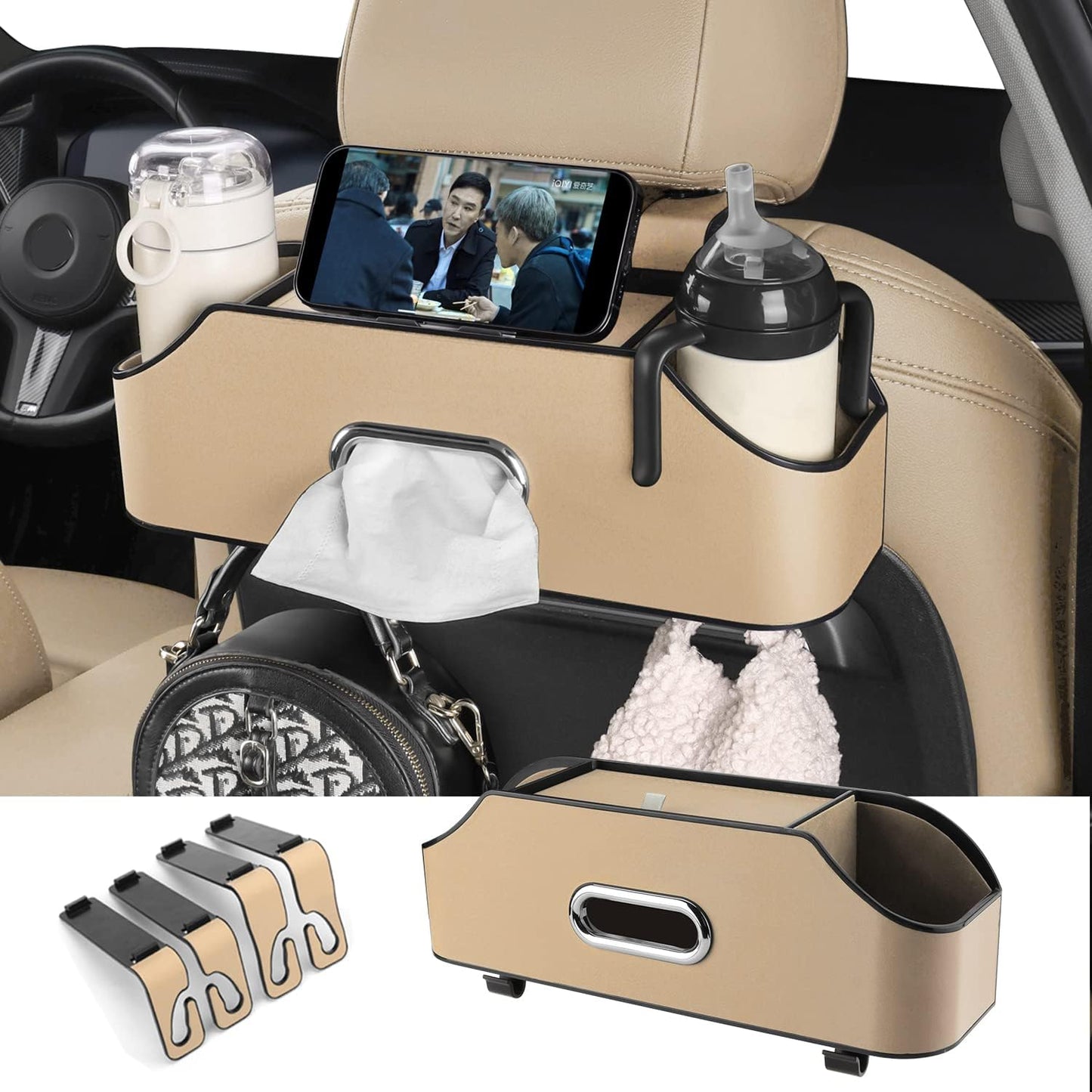 HOLDCY Car Back Seat Organizer with 2 Drink Cup Holder - Tissue Box and Storage Box Hook - Multi-functional Storage - Great for Kids and Travel (Red)