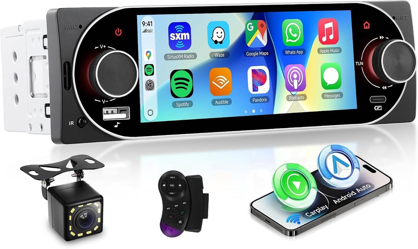 Single Din Car Stereo with Wireless CarPlay & Android Auto, 6.28" Incell Touchscreen Car Radio, Bluetooth, FM, USB, SWC, EQ, Backup Camera Included, 1 Din Car Audio Receiver